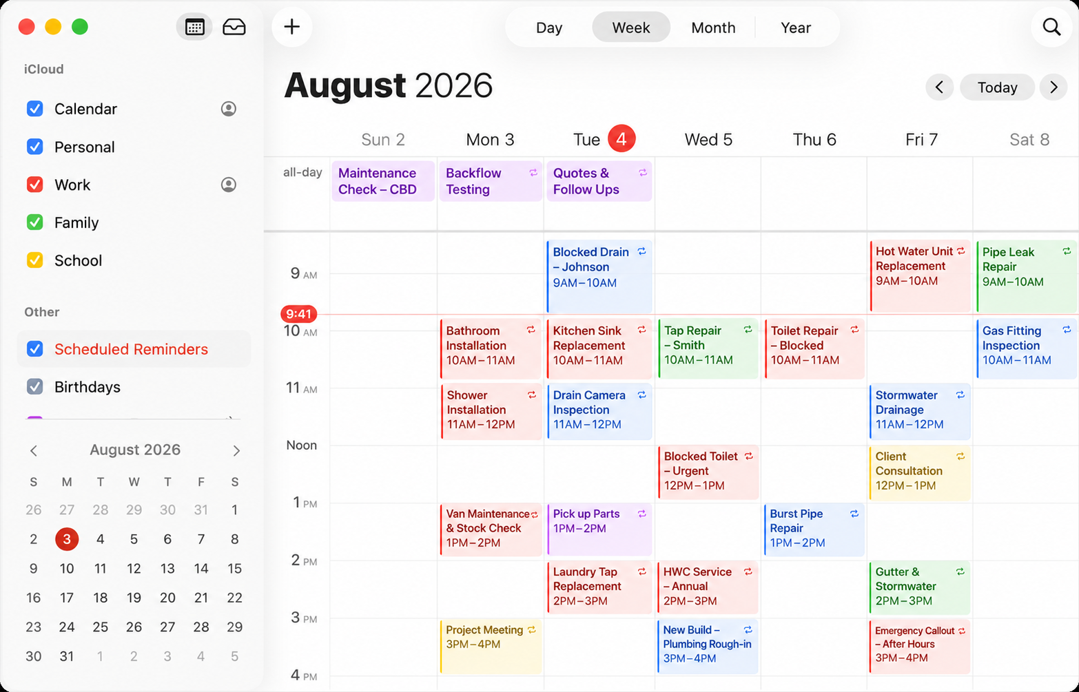 Calendar showing this week's booked jobs